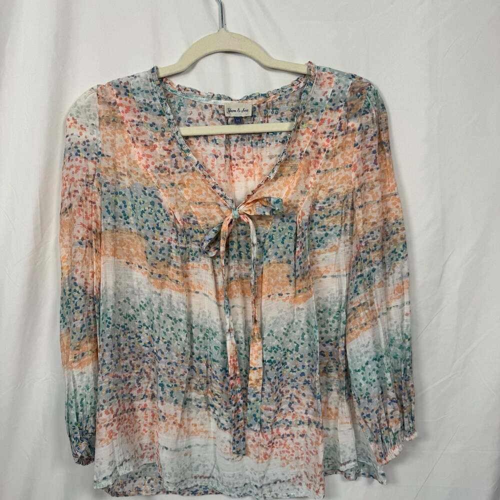 Yarn & Sea Abstract Dotted Print Tie-Front Long Sleeve Blouse Size M